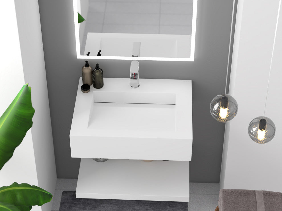 CastelloUSA Pyramid Solid Surface Wall Mounted Ramp Basin Sink, White, 24", Standard