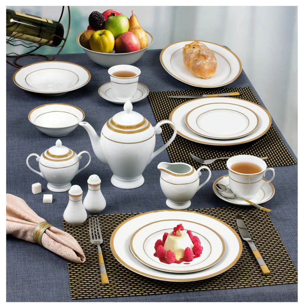 57 Piece Gold Border Porcelain Dinnerware Set-Service for 8-Josephine