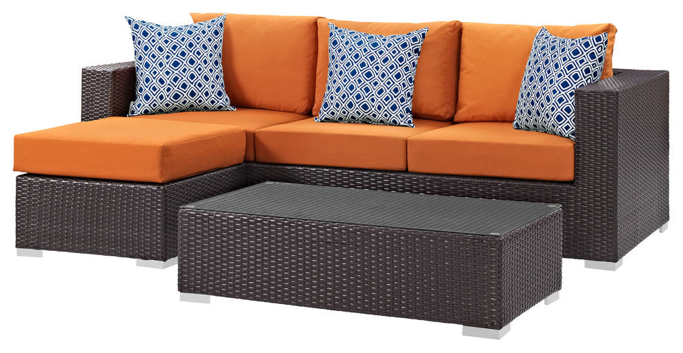 Lounge Sectional Sofa and Table Set, Rattan, Wicker, Dark Brown Orange, Outdoor