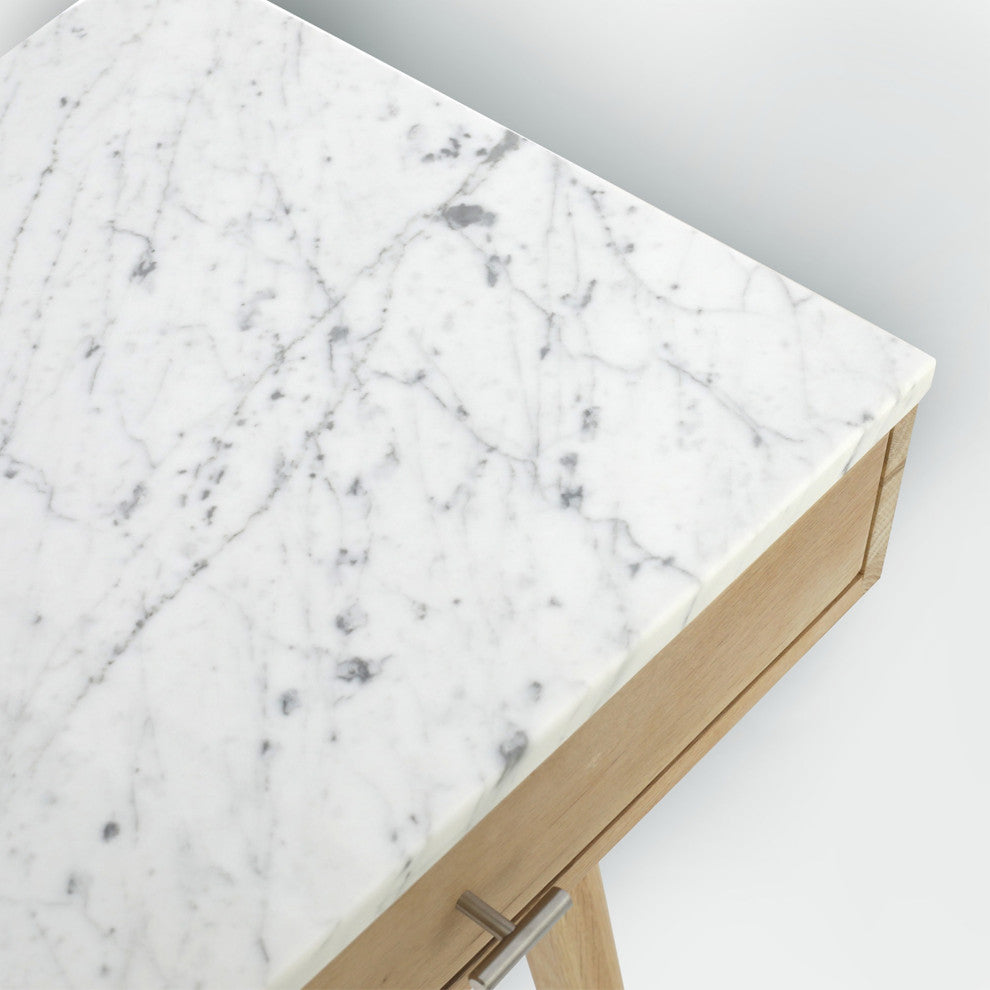Viola 44" Rectangular Italian Carrara White Marble Writing Desk With Oak Leg