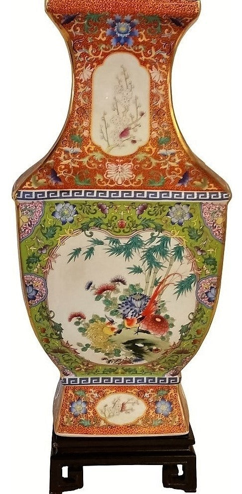 Chinese Floral Square Porcelain Vase Gold Line With Lime Green and Coral