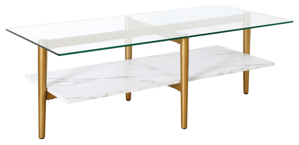 47" White And Gold Glass And Steel Coffee Table With Shelf