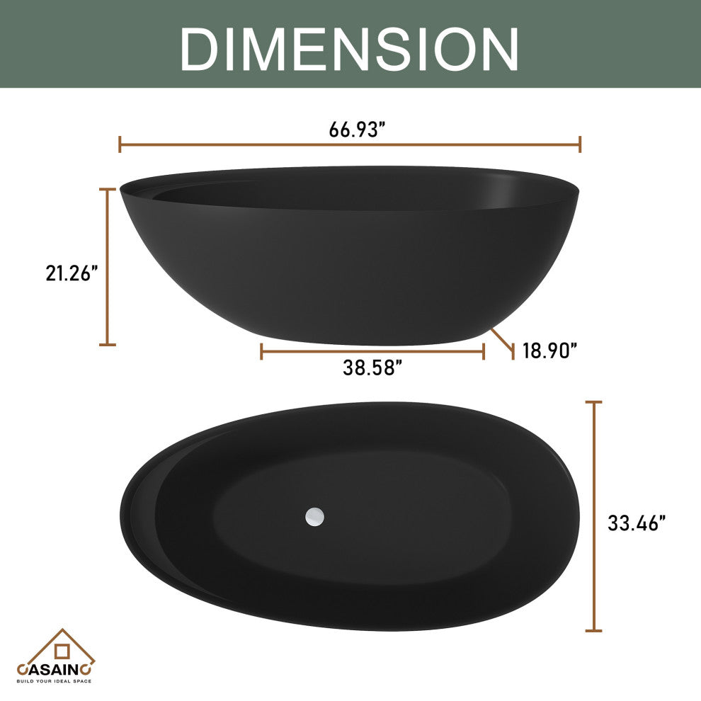 67in Solid Surface Freestanding Bathtub in Matte White, Matte Black