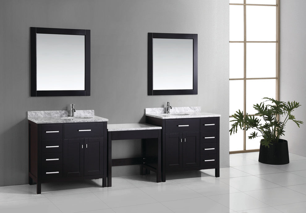 Two London 36" Single Sink Vanity Set With One Make-Up Table, Espresso