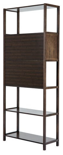 Rustic Bookcase, Wooden Construction With Open Cubbies & Drawers, Dark Brown