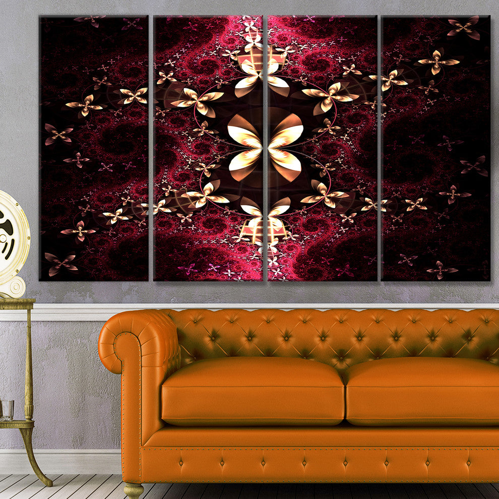 Yellow Red Fractal Flower Pattern, Abstract Canvas Art Print, 48"x28", 4 Panels