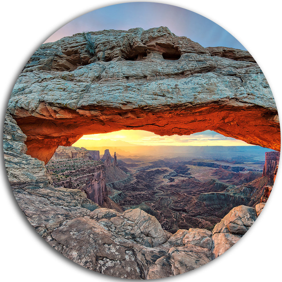 Sunrise At Mesa Arch In Canyon Lands, Landscape Disc Metal Artwork, 23"