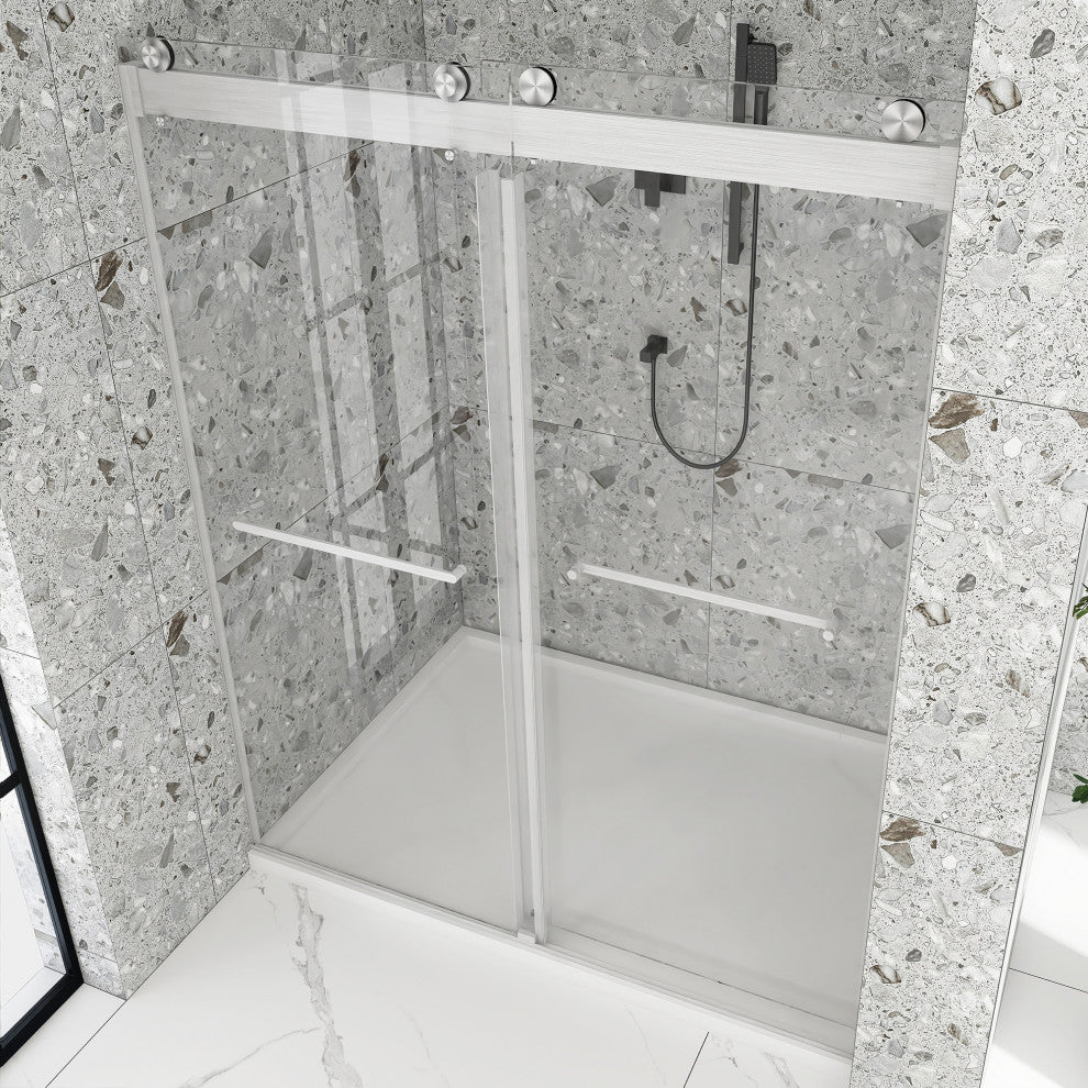 60" x 76" Double Sliding Frameless Shower Door, Buffer, Brushed Nickel
