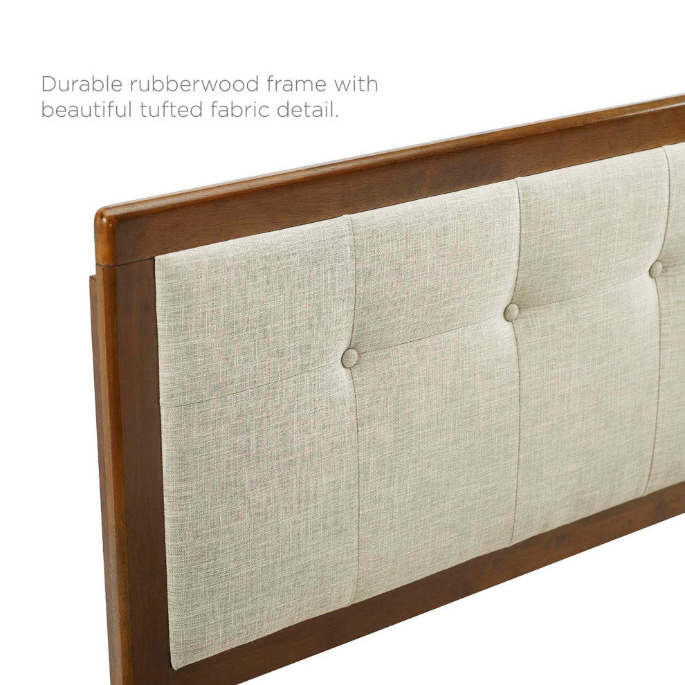 Platform Bed Frame, Queen Size, Fabric, Wood, Brown Walnut Beige, Modern