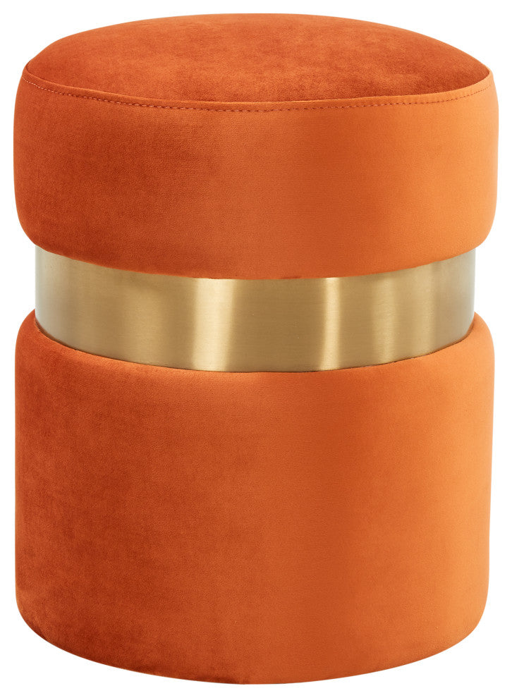 LeisureMod Troy Modern Round Velvet Ottoman Footrest Gold Band, Orange Marmalade