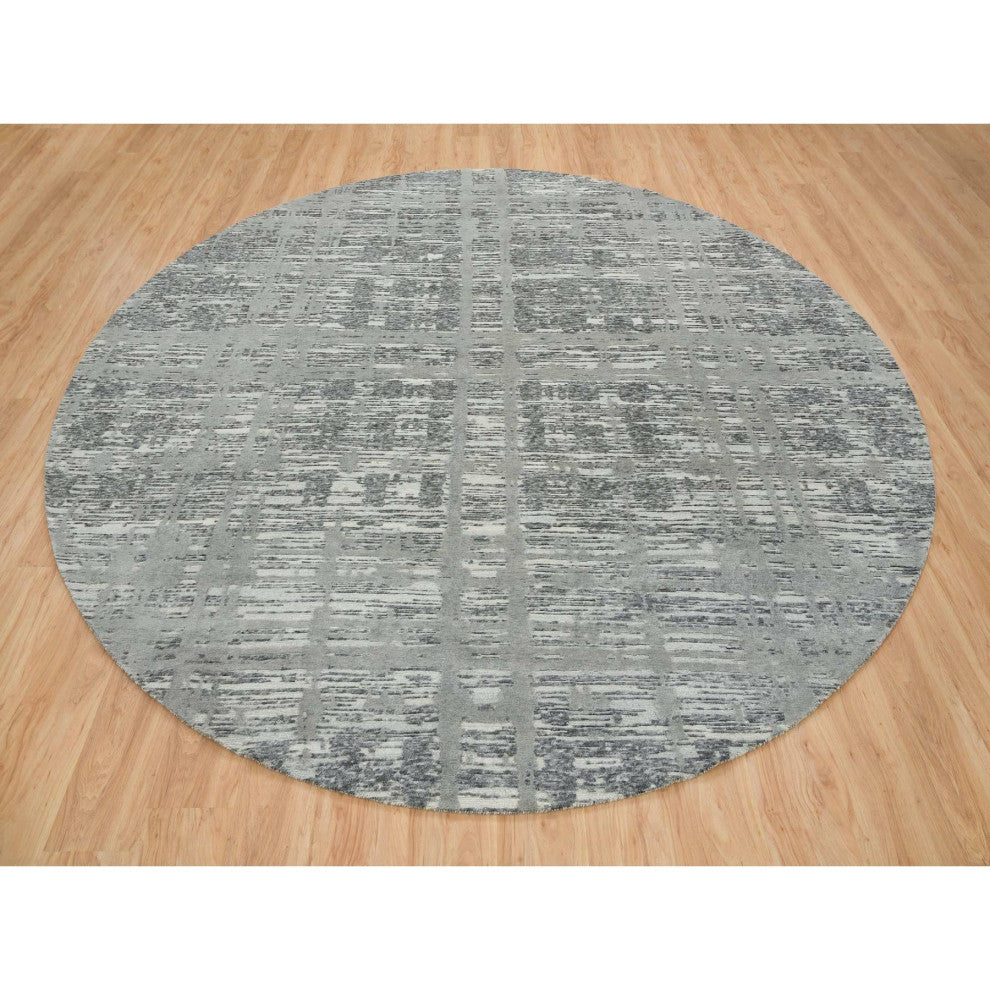 Dark Gray Hand Spun Undyed Wool,Hand Knotted,Round Oriental Rug, 10'1"x10'1"