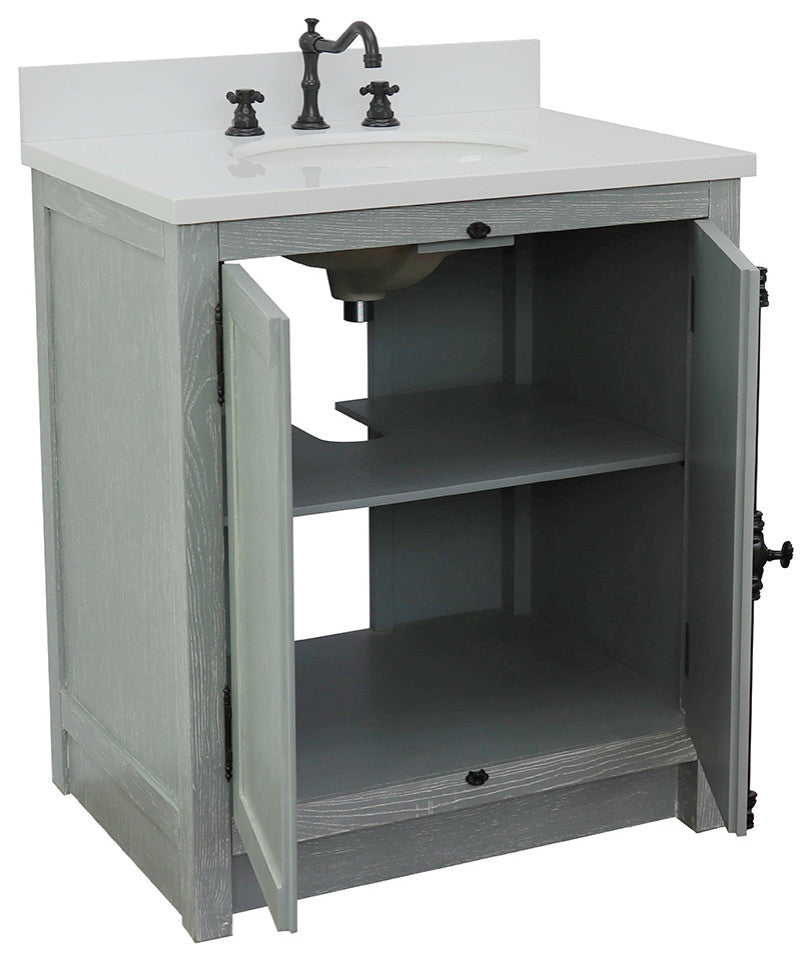 30" Single Vanity, Gray Ash, White Engineered Stone Top, Oval Sink