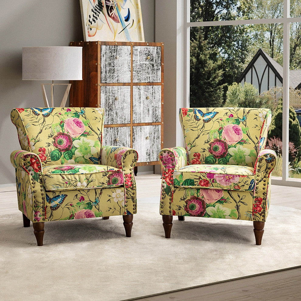 Wooden Upholstered Armchair Set of 2, Mustard