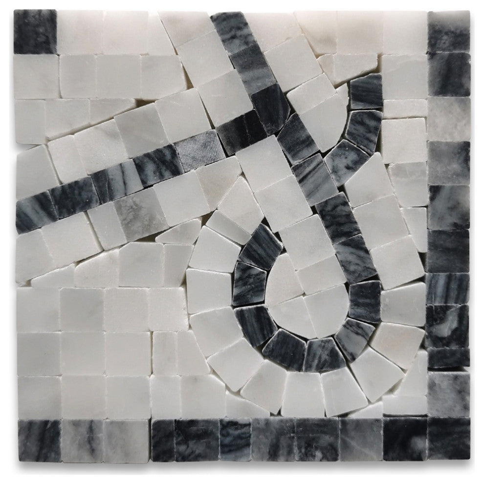 Stretch Bardiglio 4x4 Marble Mosaic Border Corner Tile Honed, 1 piece