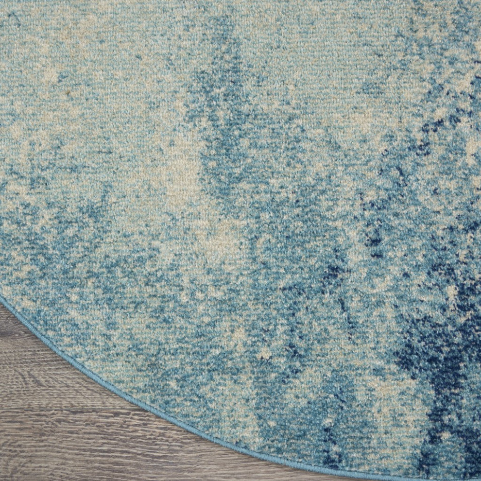 8' Ivory And Blue Round Abstract Power Loom Area Rug