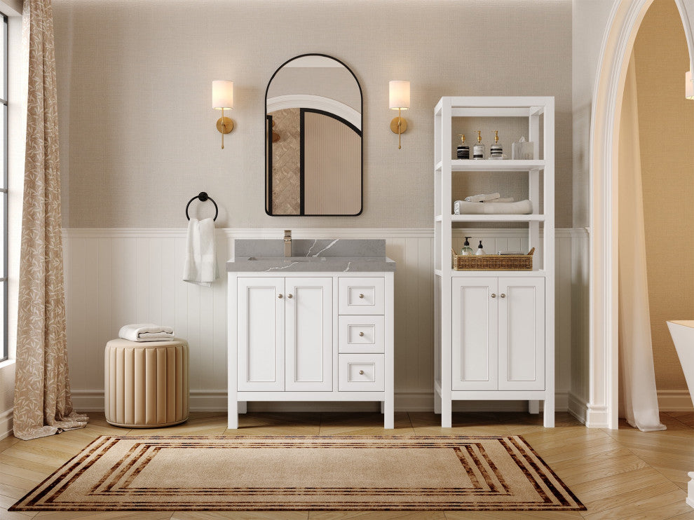 Nashville 36" Left Offset Bath Vanity, White 2" Piatra Gray