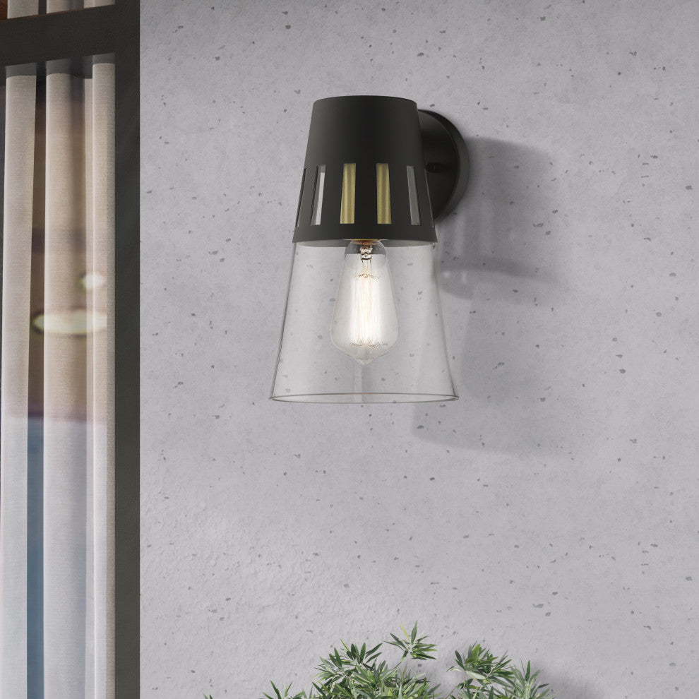 Covington 1-Light Black Outdoor Medium Wall Lantern, Soft Gold Accents