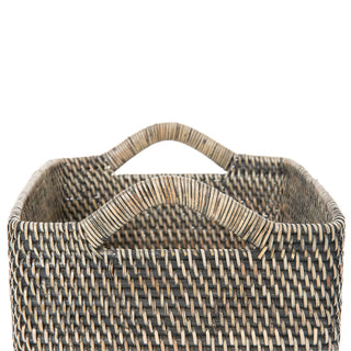 Loma Rectangular Tall Decorative Rattan Storage Basket with Ear Handles, Small, Black Wash