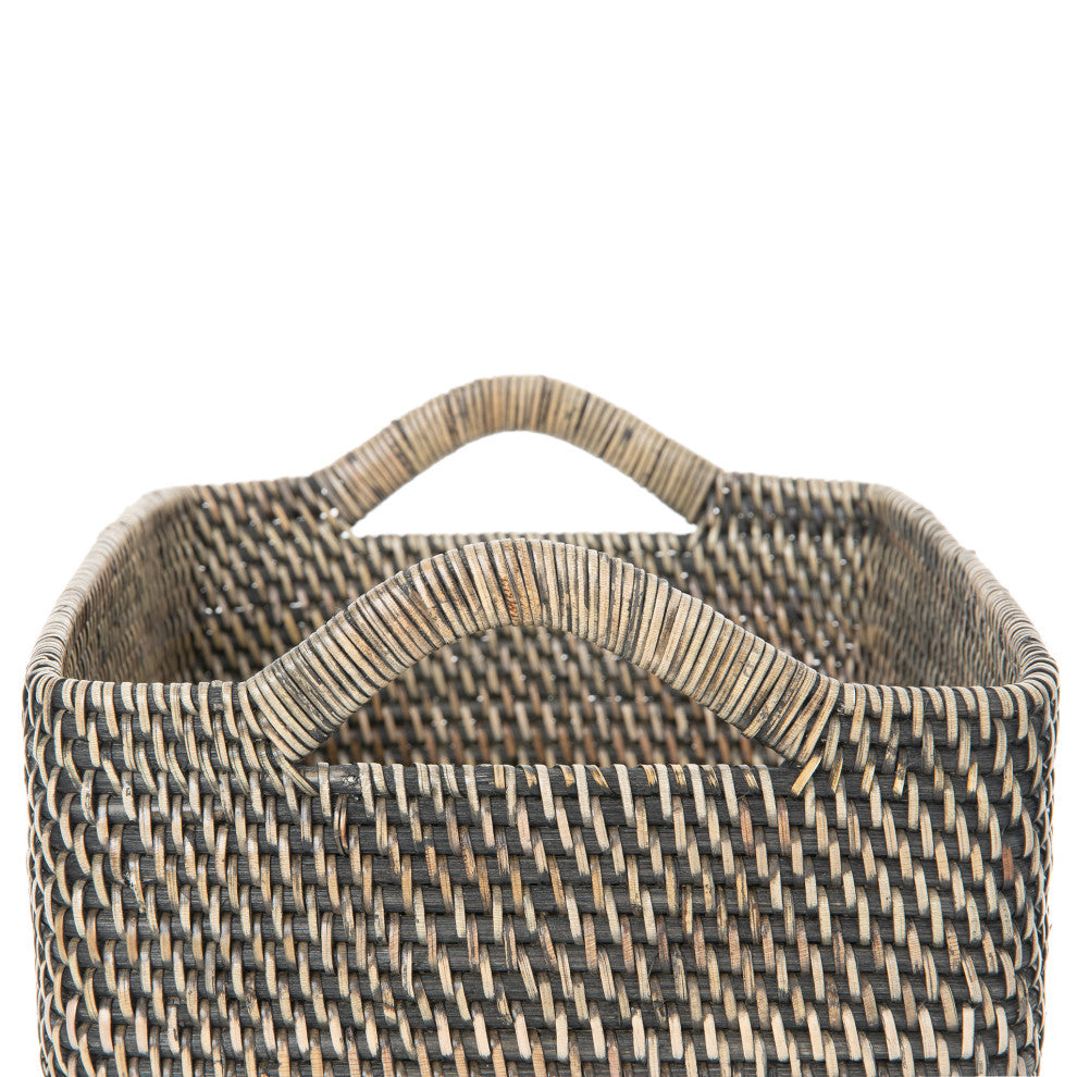 Loma Rectangular Tall Decorative Rattan Storage Basket with Ear Handles, Small, Black Wash