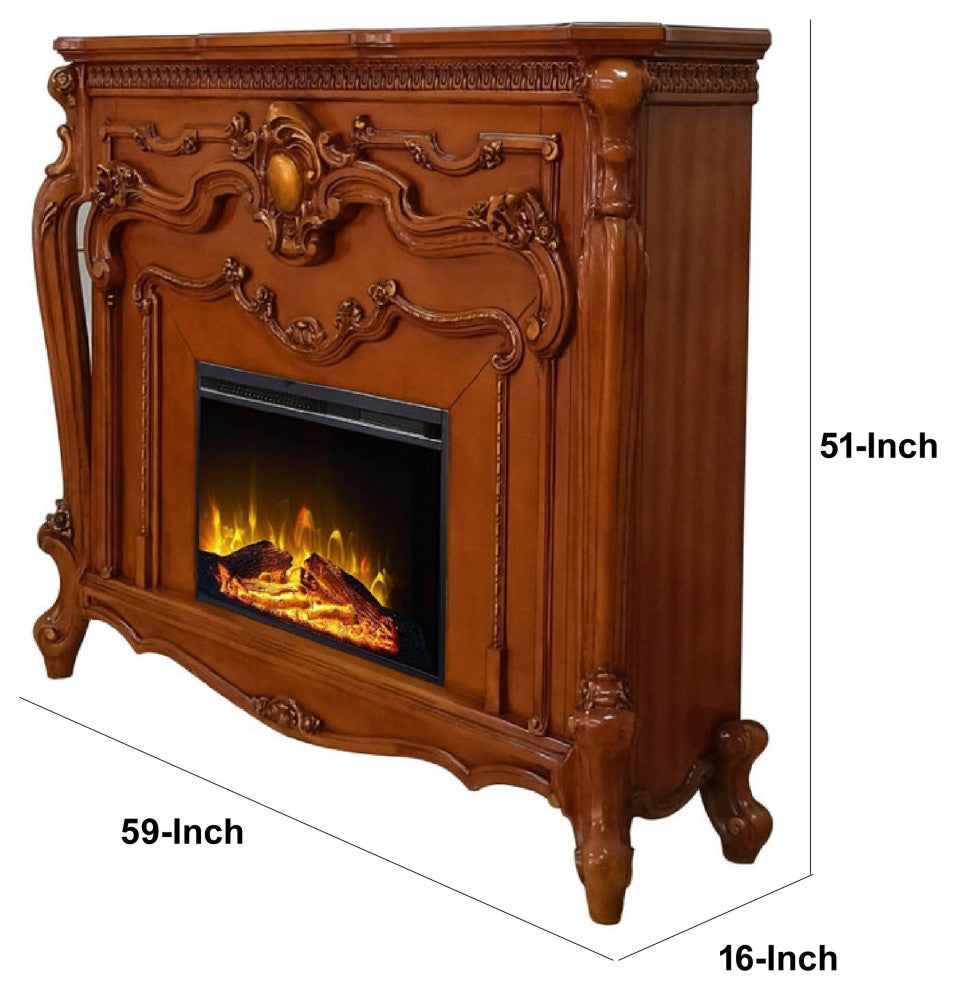 Benzara BM274620 59" Electric Fireplace, Carved Scrolled Legs, Walnut Brown