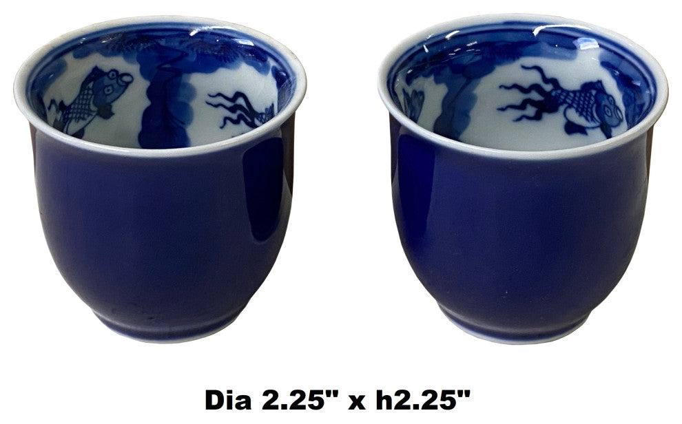 Pair Chinese Handmade Porcelain Blue White Fishes Graphic Cup Hws1353