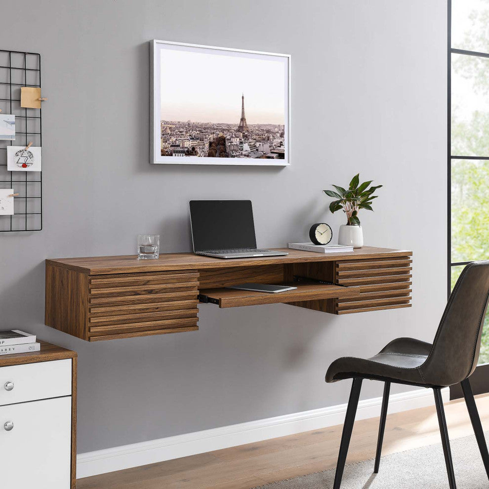 Render Wall Mount Wood Office Desk, Walnut