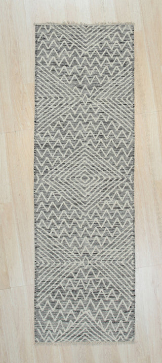 Handwoven Wool Black Contemporary Geometric Punja Killim Rug, 2'x8'
