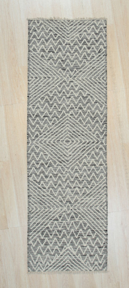 Handwoven Wool Black Contemporary Geometric Punja Killim Rug, 2'x8'