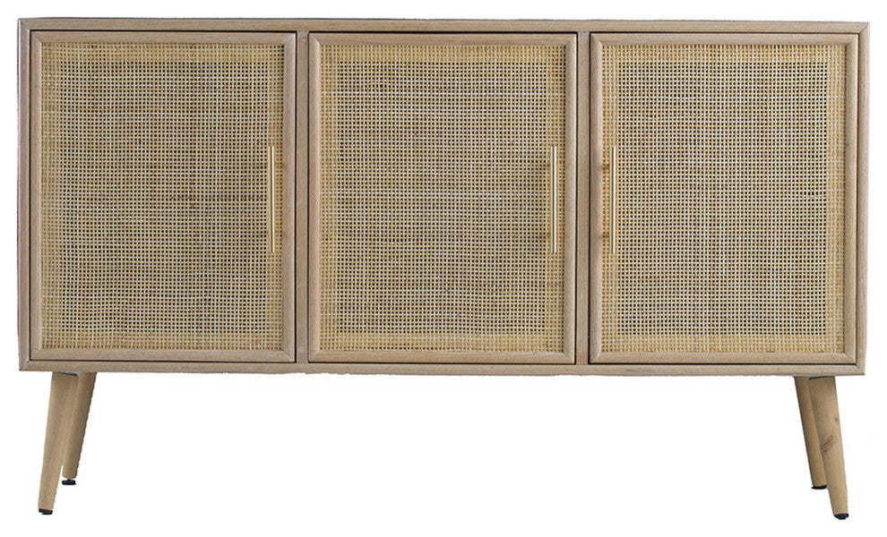 Benzara BM285268 TV Media Entertainment Console, 3 Rattan Doors, Modern, Brown