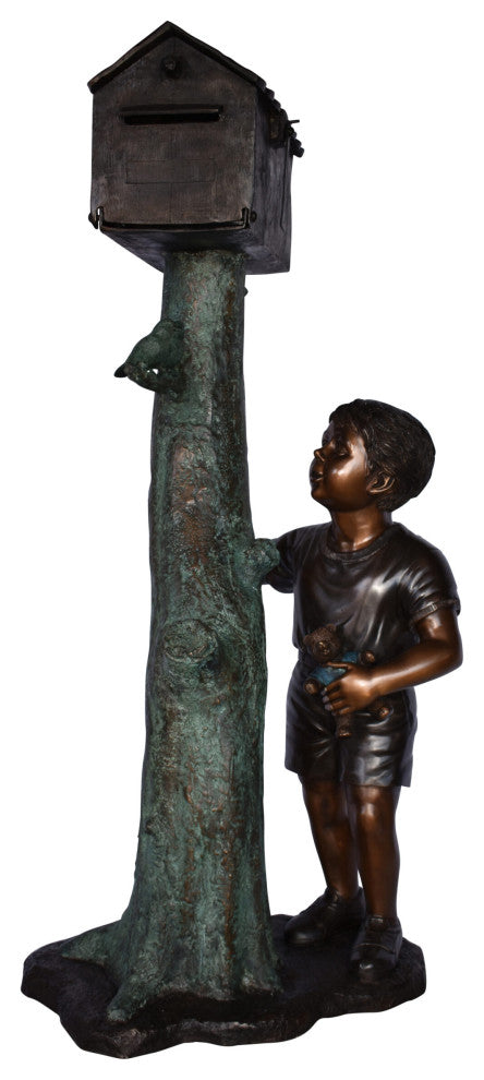 A Boy Standing by His Mailbox Looking at Birds Bronze Statue 25" x 22" x 51"H