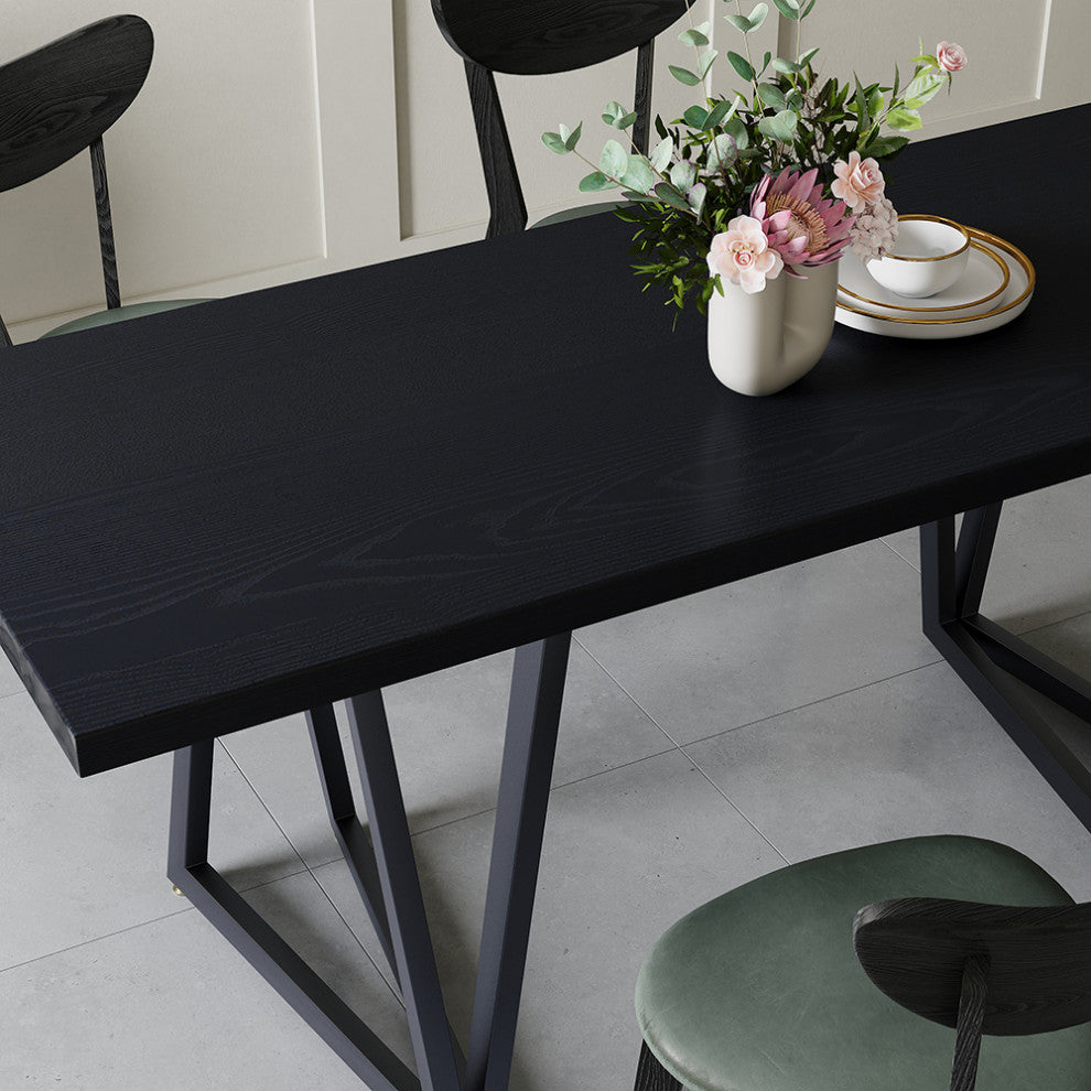 63" Rectangular Dining Table Black Solid Wood Table Top Square Metal Base, Black