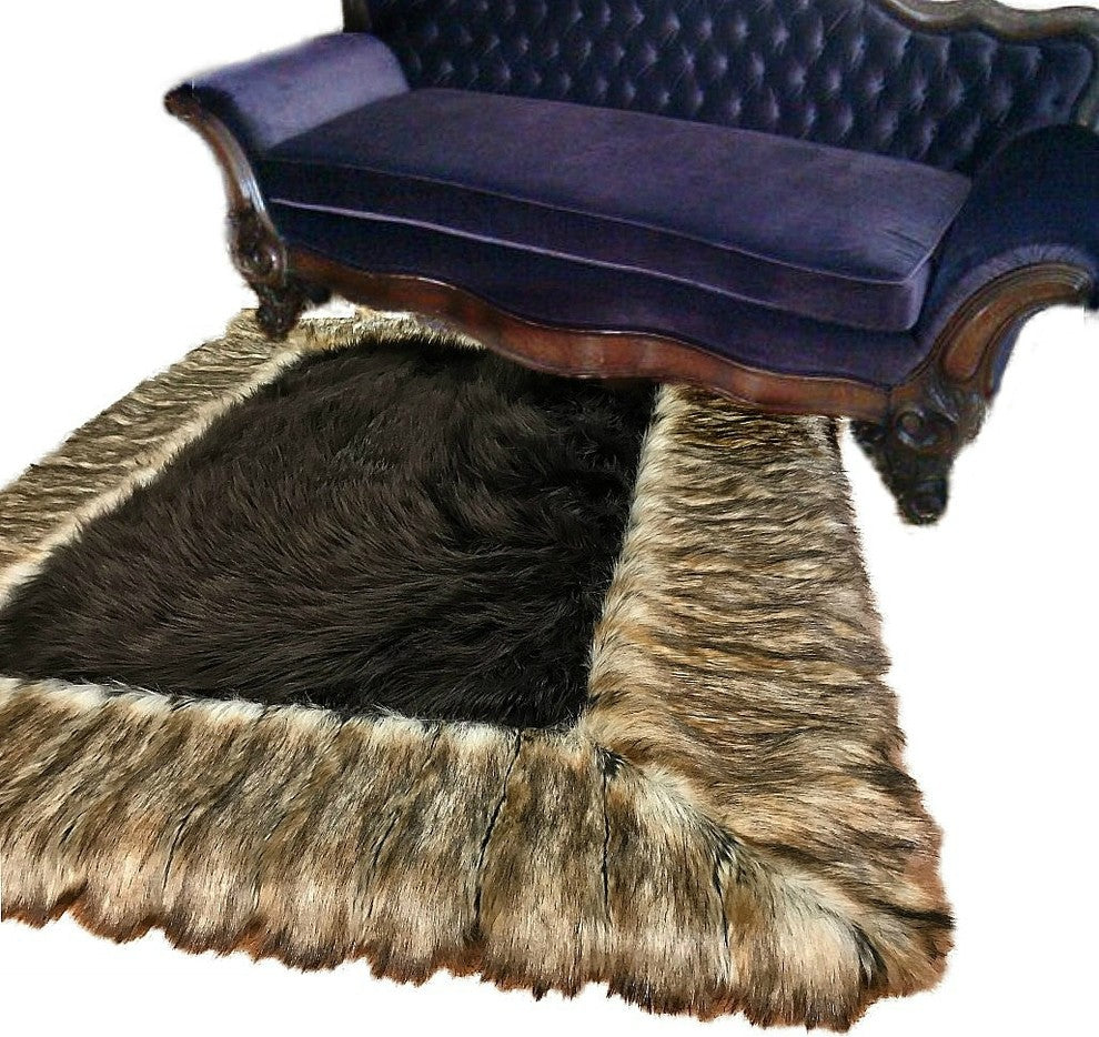 Brown Shag Faux Fur Area Rug - Brown Ribbed Fox Border Handmade Fur Accents USA
