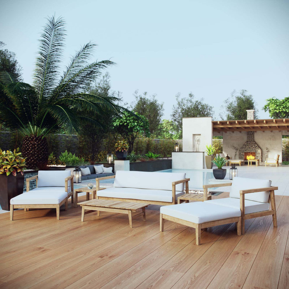Sectional Sofa Chair Table Set, White Natural, Teak Wood, Modern, Outdoor Patio