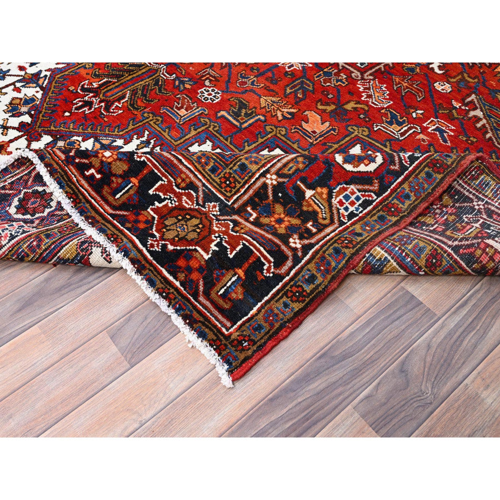 Tomato Red Pure Wool Hand Knotted Semi Antique Persian Heriz Rug 8'5"x10'9"