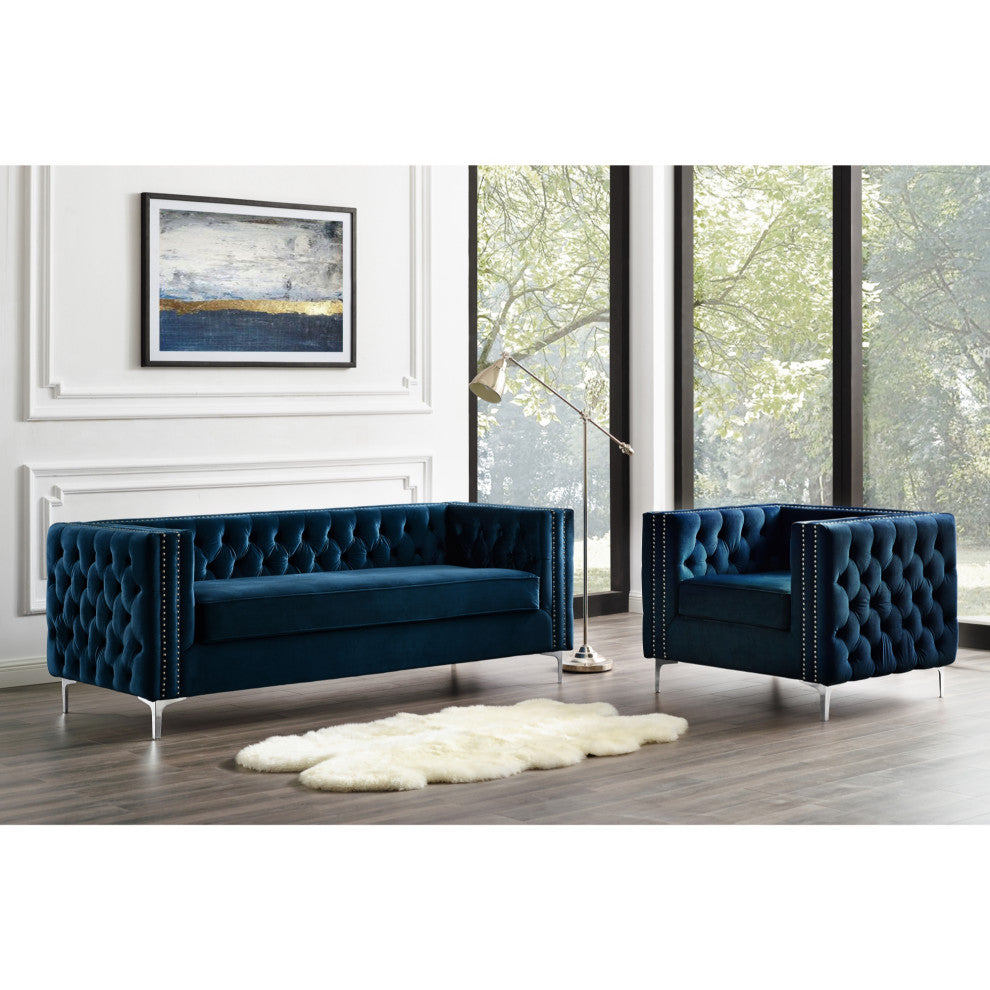 Jeannie Velvet 3-Seat Sofa Button Tufted With Metal Legs, Navy