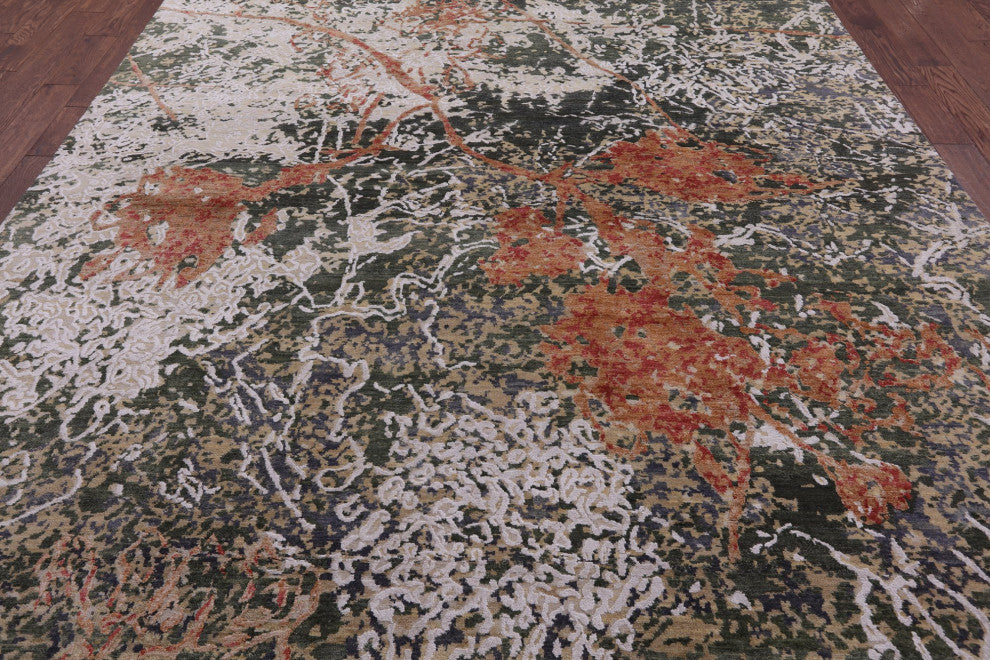 Hand-Knotted Wool and Silk Abstract Rug 8' 11" X 11' 8" Q7078