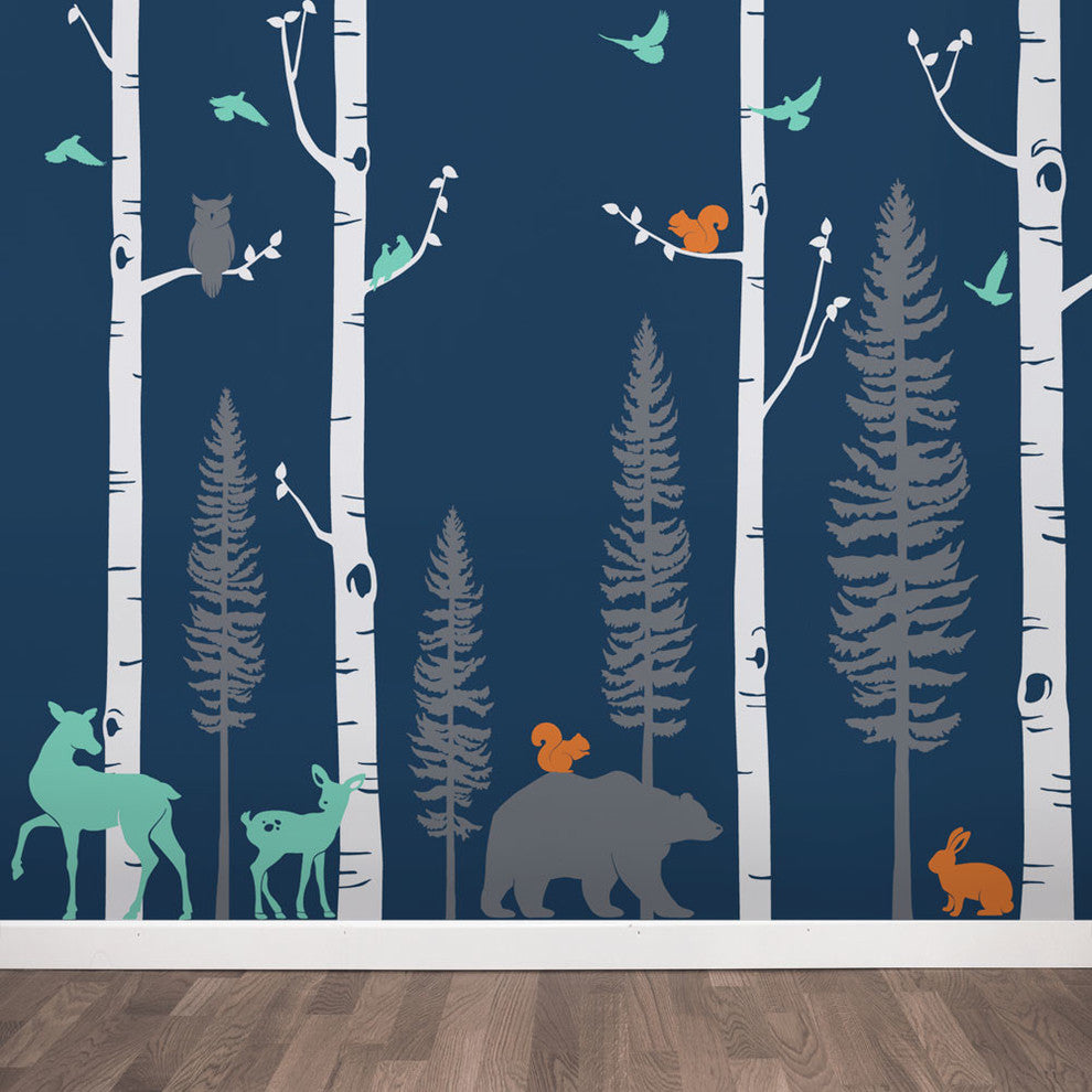 Birch Trees With Animals Wall Decal, Scheme B, 108" Tall Trees