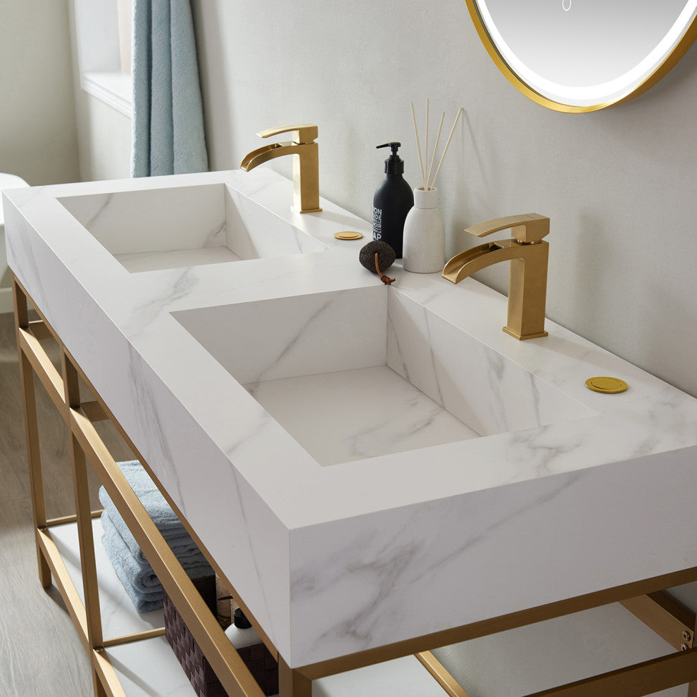 Bilbao Vanity with Metal Bracket & Stone Top, Brushed Gold, 72", With Mirror