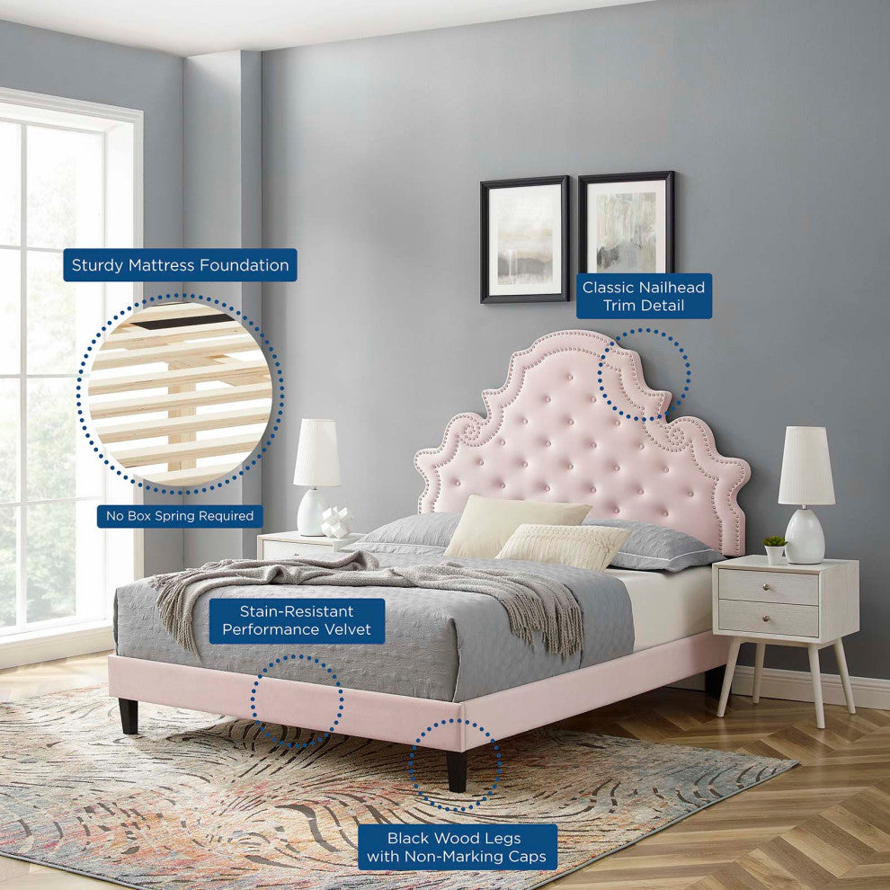Tufted Platform Bed Frame, Full Size, Velvet, Pink, Modern Contemporary, Bedroom