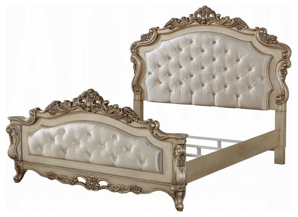 ACME Gorsedd Eastern King Bed, Fabric and Golden Ivory