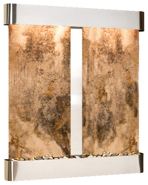 Cottonwood Falls Water Fountain, Magnifico Travertine, Stainless Steel, Round