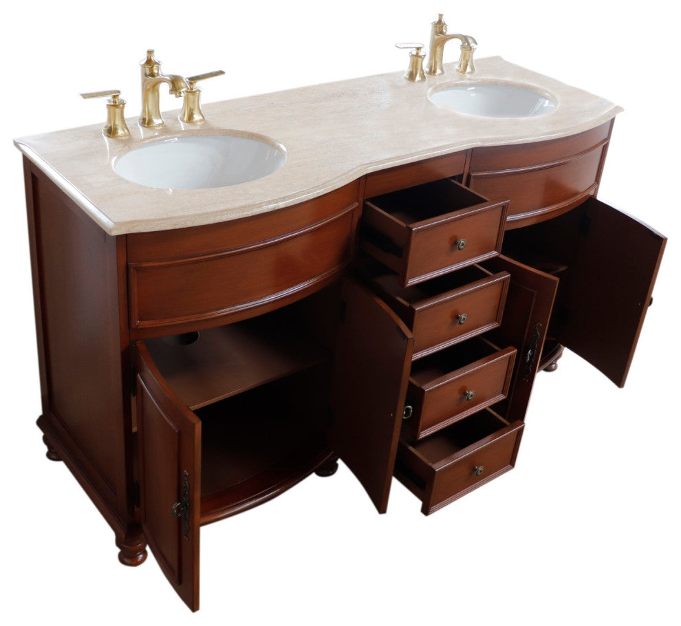 62" Double Sink Vanity Walnut Finish, Travertine Top