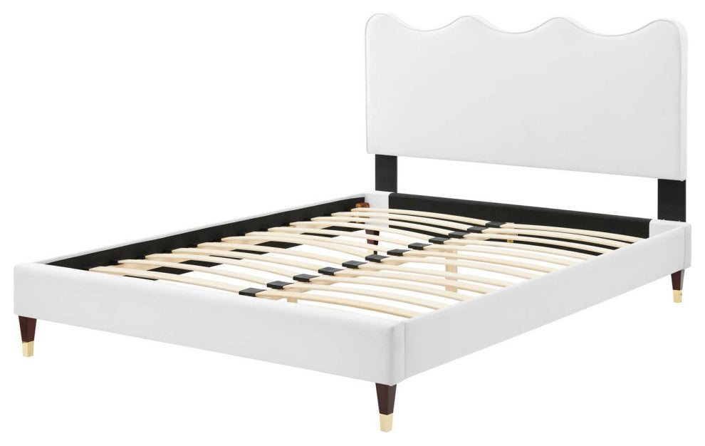 Platform Bed Frame, Queen Size, White, Velvet, Modern, Bedroom Guest Suite