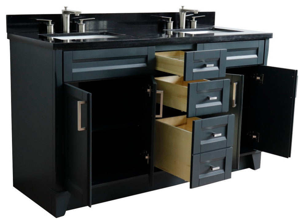 61" Double Sink Vanity, Dark Gray Finish And Black Galaxy Granite