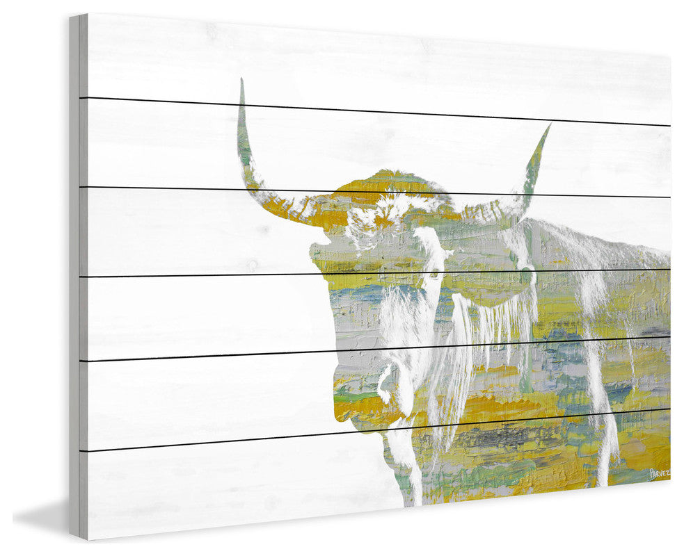 "Yellow Steer" Painting Print on White Wood, 18"x12"