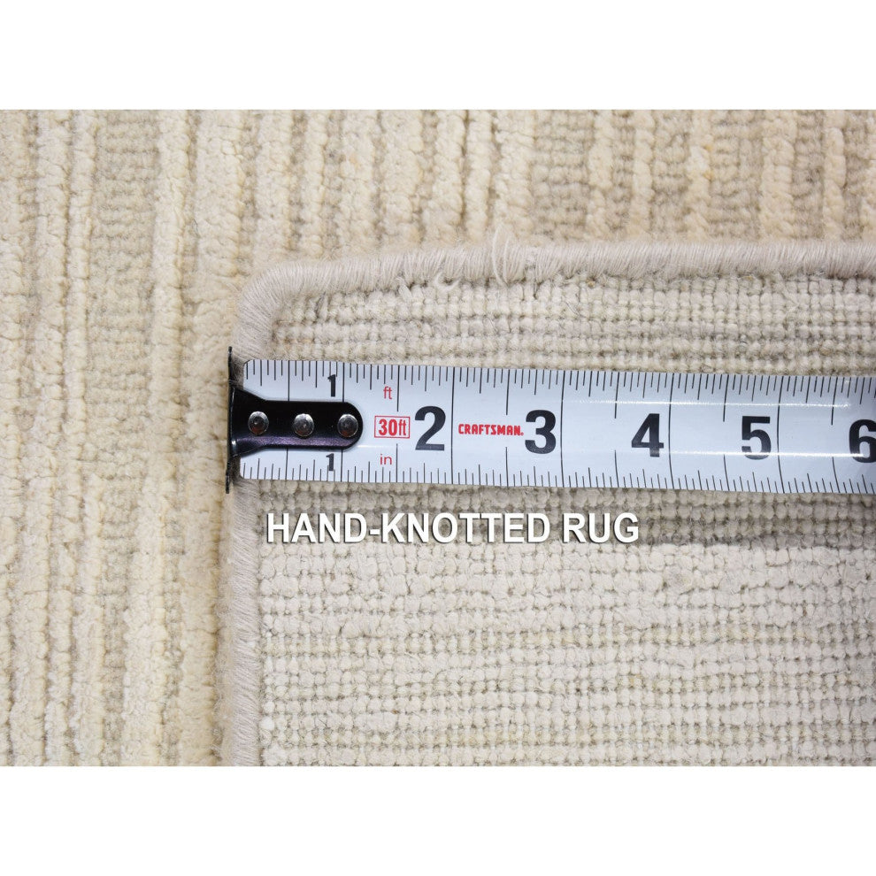 Ivory Modern Stripe Design Hand Loomed Silk With Textured Wool Rug, 2'1"x2'1"