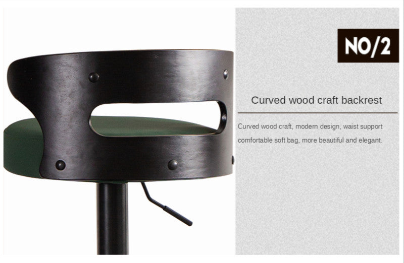 Metal Leg High Rotating Lifting Bar Stool Made of Leather, Black, Light Wood Backrest