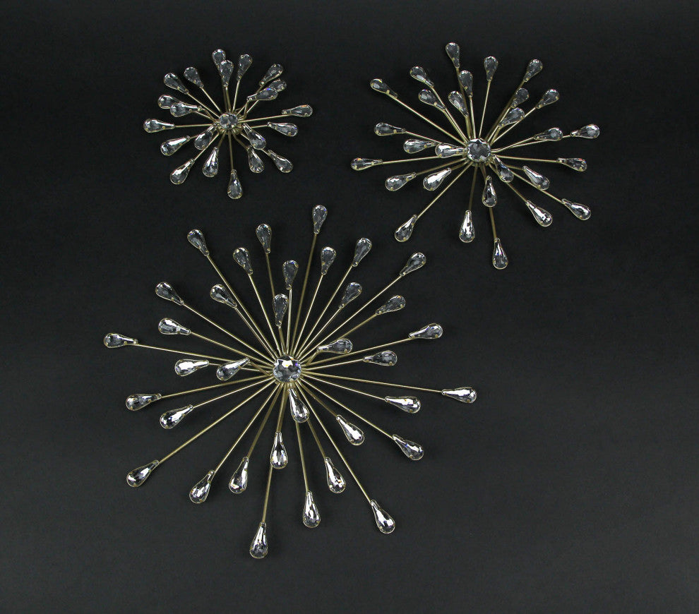 Set of 3 Gold Tone Teardrop Starburst Rhinestone Jeweled Metal Wall Art Hanging