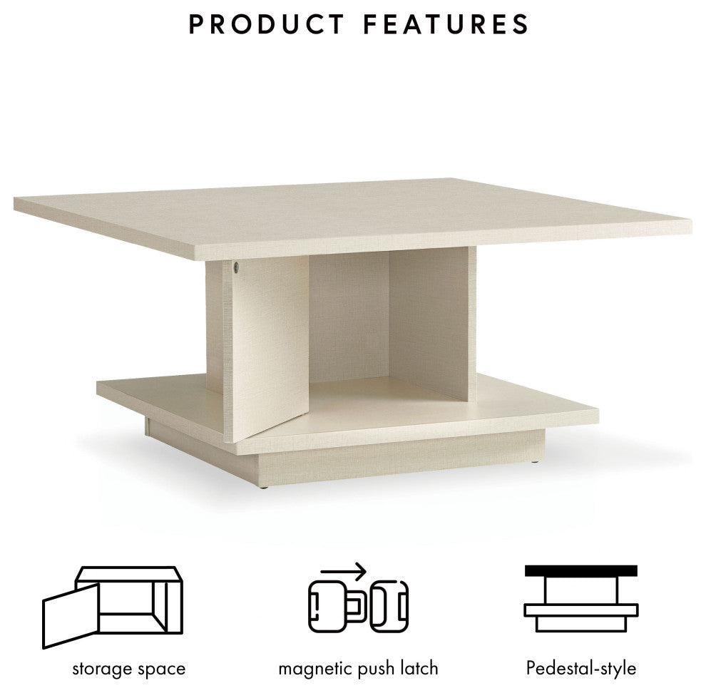 Boa Vista 31" Square Coffee Table With Shelf and Hidden Cabinet, Cream Weave