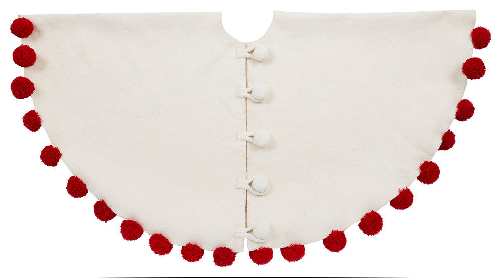 Handmade Felt Christmas Tree Skirt, Red Pom Poms on Cream, 63"